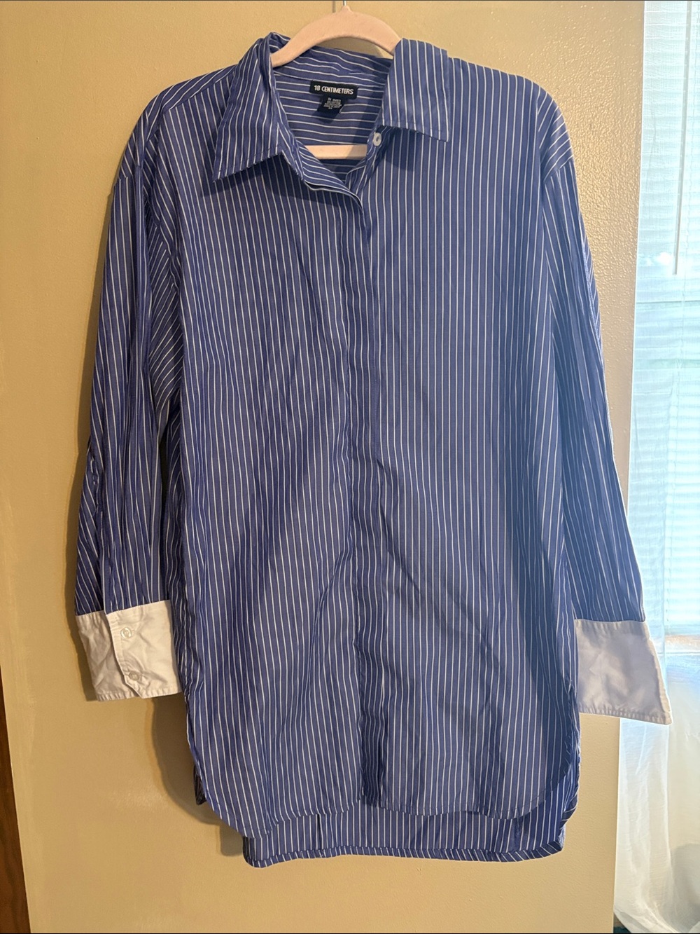 Uniqlo Navy Blue Pinstripe Button-Down Shirt with White Cuffs